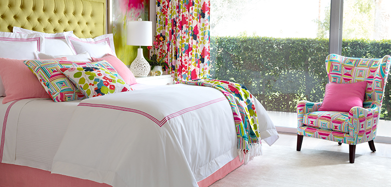 Annie's bedroom in Palm Springs (featuring Geo Floral Bright throw and pillows)