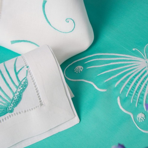 Renaissance Paris Butterflies Aqua Embroidered Table Linens